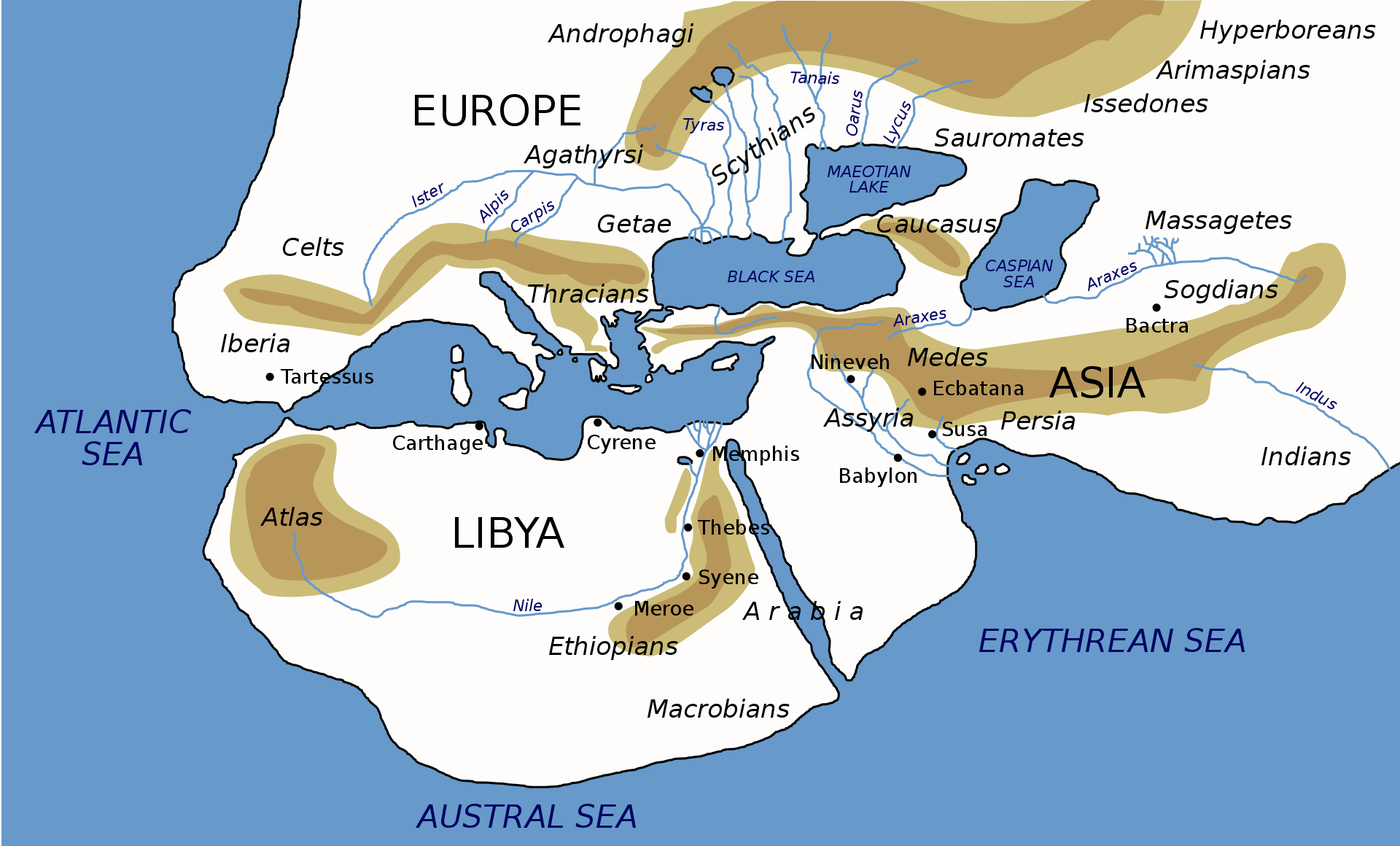 Ancient map of the Atlantic Ocean and Mediterranean Sea