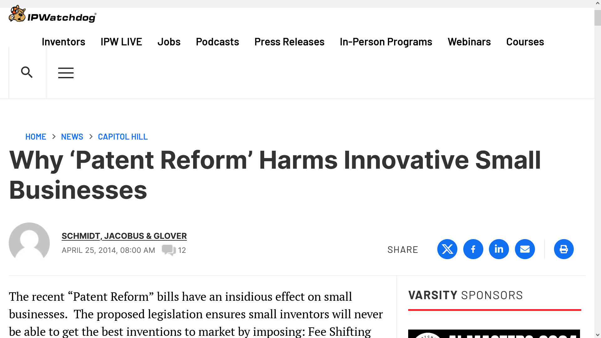 The recent “Patent Reform” bills have an insidious effect on small businesses. The proposed legislation ensures small inventors will never be able to get the best inventions to market by imposing: Fee Shifting “Joinder”, Loser Pays, Pay to Play, Covered Business Methods (CBM), Elimination of Post Grant Review Estoppel, Disclosure of All Plaintiff Interested Parties, Enhanced Pleadings and Limiting Discovery, and Customer Stay provisions that are so onerous, only large corporations will be able to commercialize inventions. The provisions will make small inventing companies “Toxic Assets” to investors. Small inventors will likely need at least $5 million in the bank, not for their own use, but to cover the infringers’ costs. This is part of the shift in Congress to cater to big money interests, leaving the middle class behind. The details of these legislative “potholes” will be explained in this five part series.