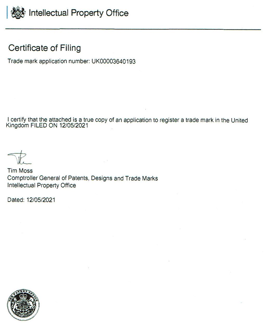 Certificate of Trademark filing: SmartNet 12 May 2021