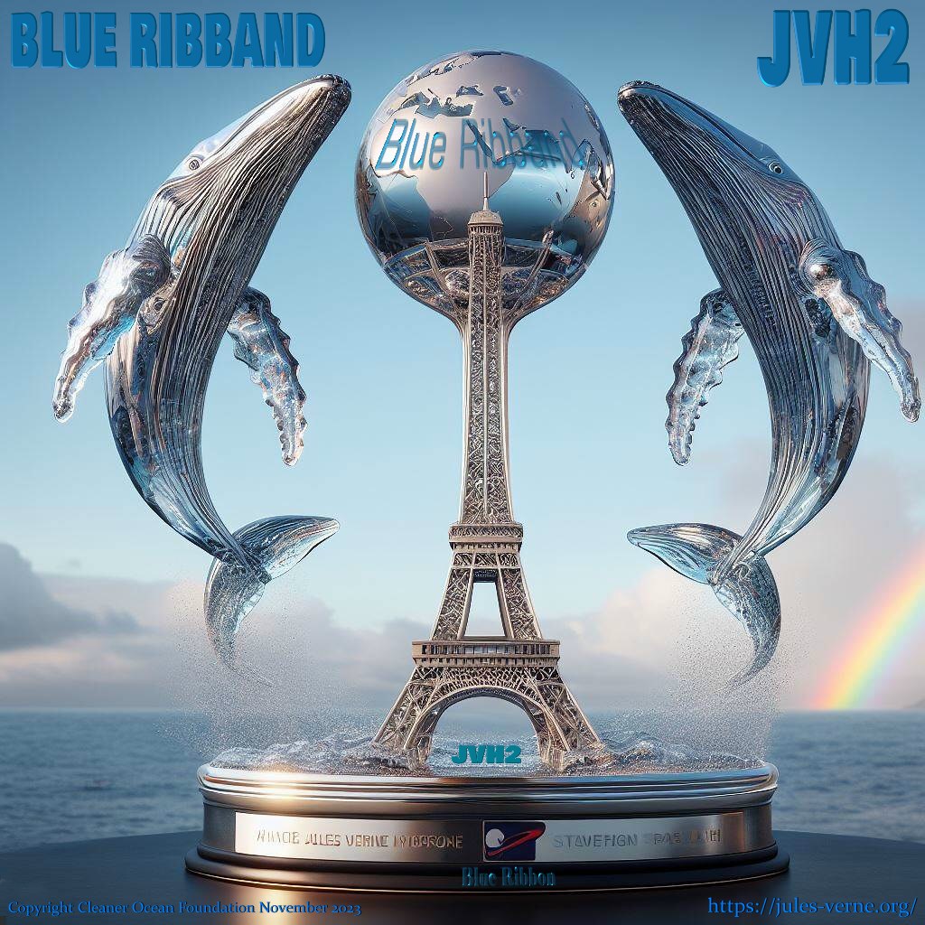 Leaping humpback whales frame the Eiffel Tower and Planet Earth, as part of a design study for the JVH2 Jules Verne Hydrogen Trophy