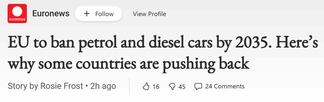The EU bans petrol and diesel cars by 2035. The UK by 2030.